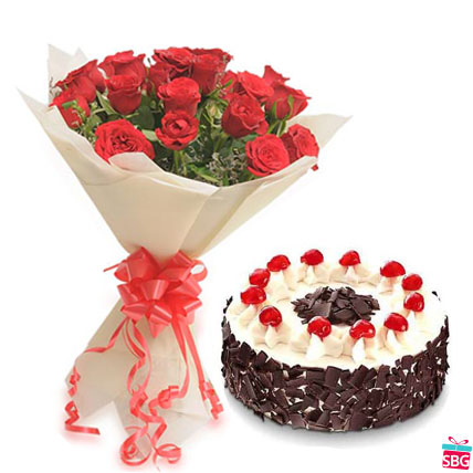 Red Roses With Black Forest Cake