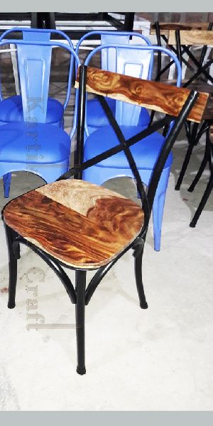 Metal crossback chair with old furnished wooden top