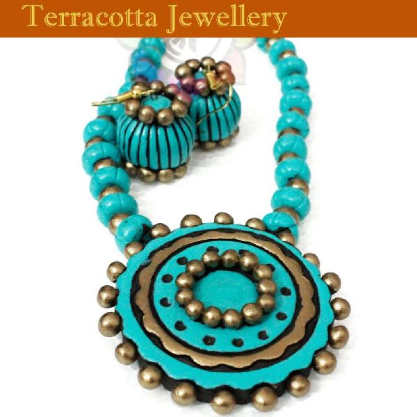Terracotta Aqua Blue and Antique Bronze Pendant Jewellery