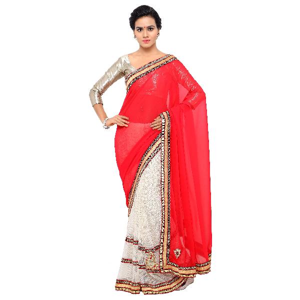 white and red Saree With Blouse