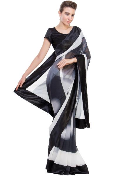 Black White Georgette Satin Border Saree