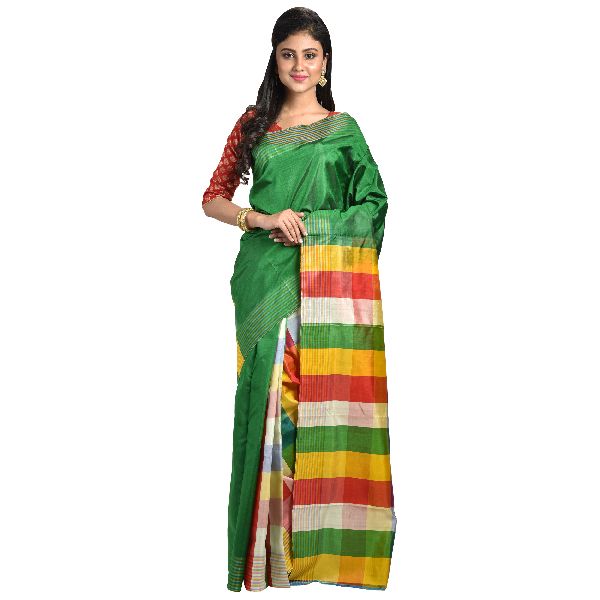 Pure Silk Multicolored Plain Handloom Saree, Color : Green