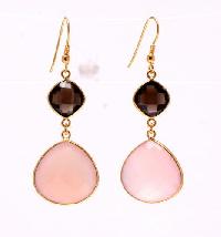 Pink Chalcedony  and  Smoky Topaz Gemstone Bezel Earring