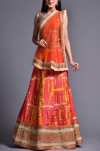 Banglory Embroidered Silk Orange Lehenga Choli