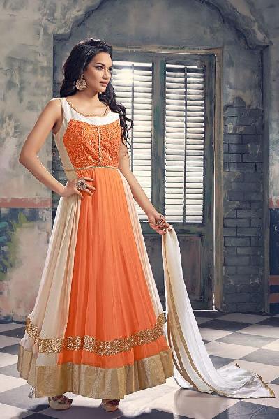 Georgette Machine Work Orange & Off White Long Suits