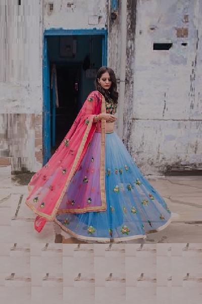 Machine Work Net Blue Lehenga Choli