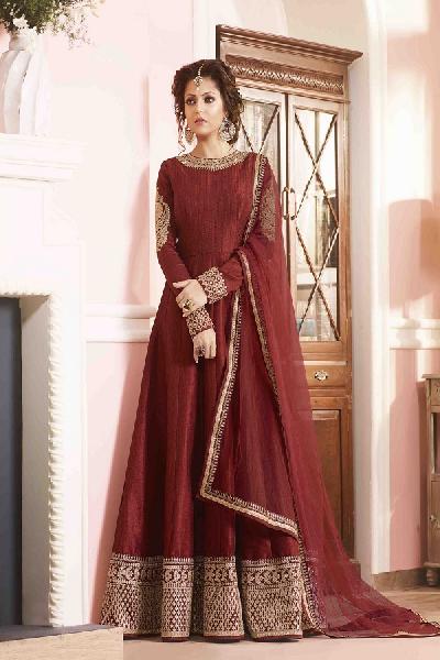Poly Cotton Border Work Maroon Long Suits
