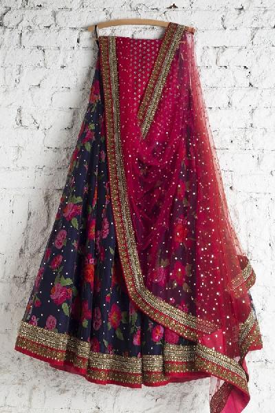 Poly Silk Lace Work Floral Print Navy Blue Lehenga Choli