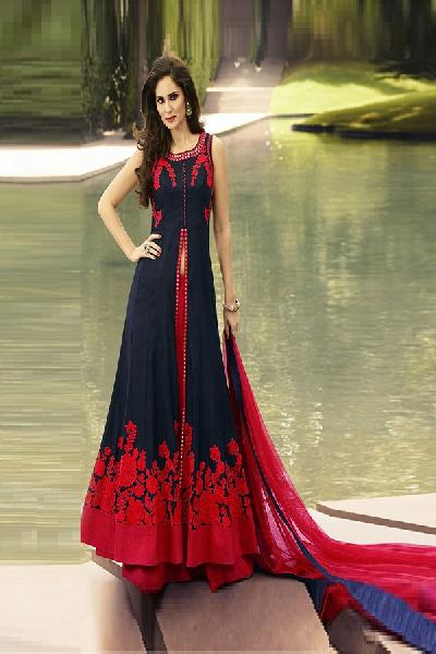 Poly Silk Machine Work Blue and Red Long Suits at Rs 1,299 / Piece in ...
