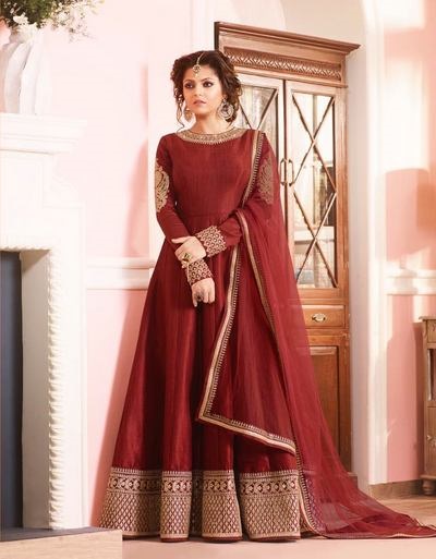 Poly Silk Machine Work Maroon Long Suits