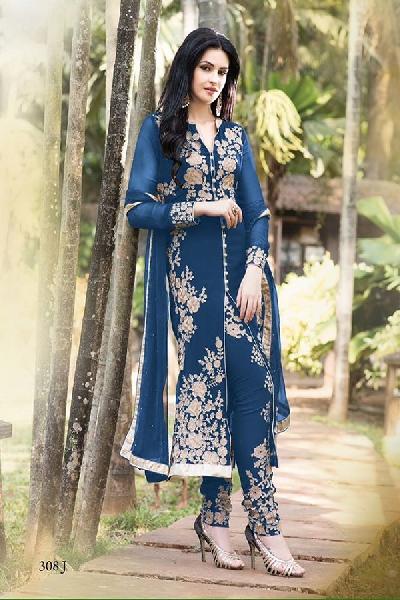 Straight Heavy Embroidered Blue Long Suits
