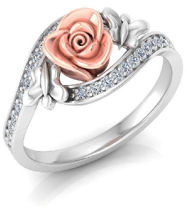 White Gold Diamond Ring Combination of Butterfly and Rose
