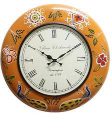 Round Orange Color Painted Wooden Wall Clock, Overall Dimension : 18x18x12