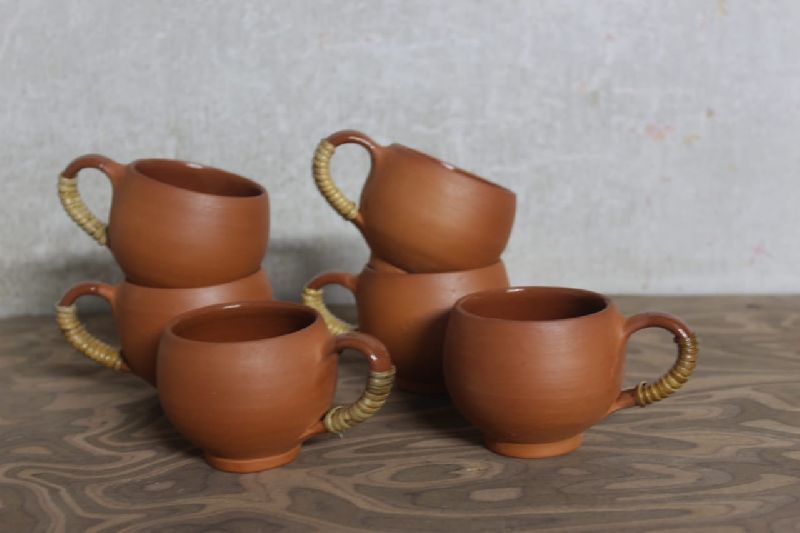 Terracotta tea cup with Cane Craft, Color : Earthen Brown Color
