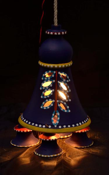 RURALSHADES Terracotta Hand Painted Blue Bell Hanging Lamp Handicraft