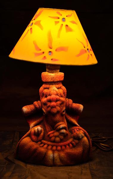 RURALSHADES Terracotta Hand Painted Ganesha Sand Finish Table Lamp Handicraft