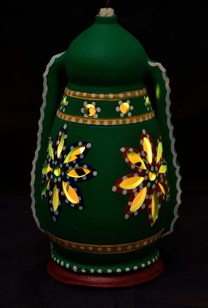 RURALSHADES Terracotta Hand Painted Green Hanging Lantern Lamp Handicraft