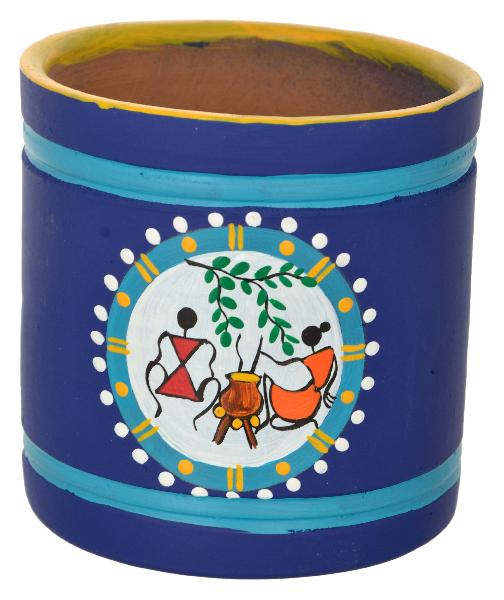 RURALSHADES Terracotta Traditional Blue Warli Pen Stand Handicraft
