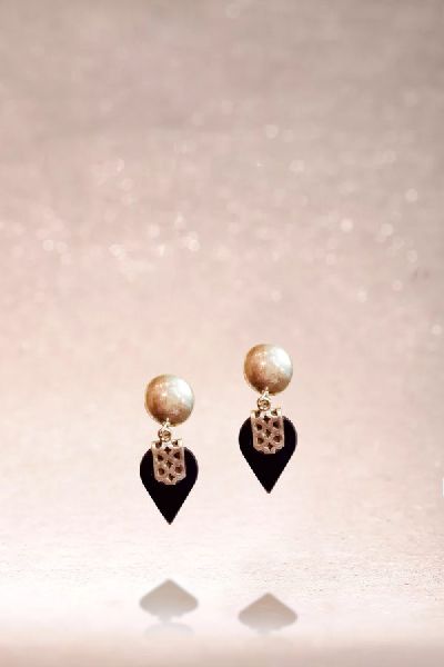 Silver Plated Black Leaf Onyx Stone Earrings