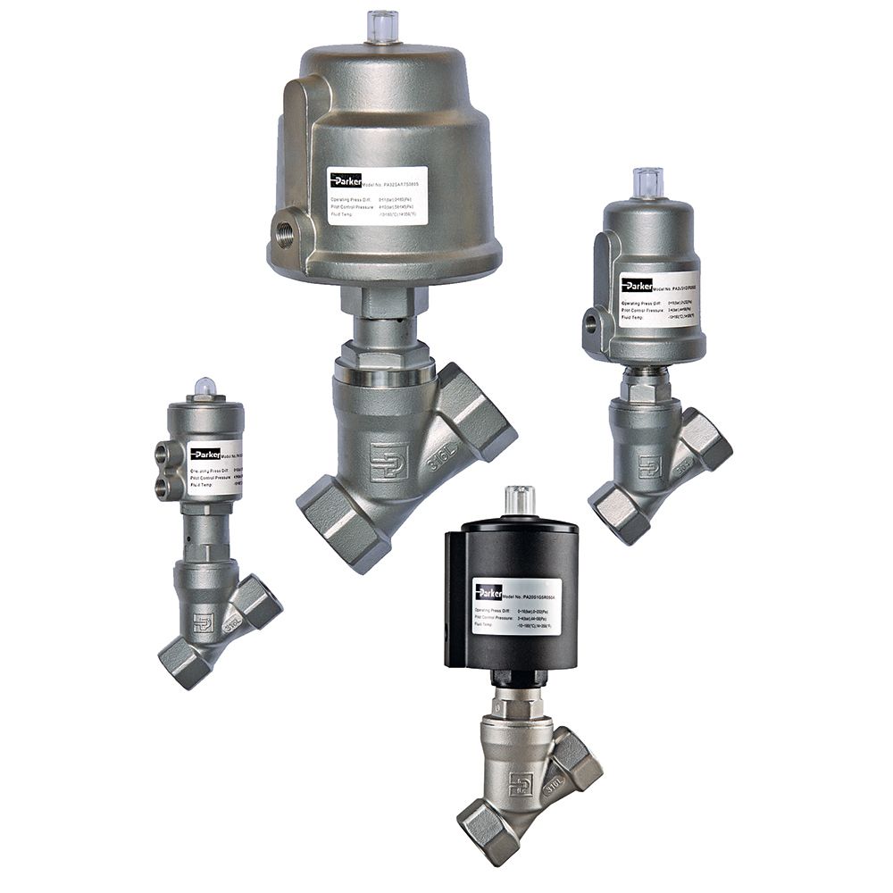 Parker's 1/2" Angle Seat Valve is actuated by a pneumatically driven p