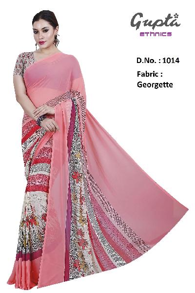 1014 Womens Coral Red Georgette Floral Print Saree