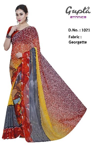 1021 Womens Red Georgette Printed Saree