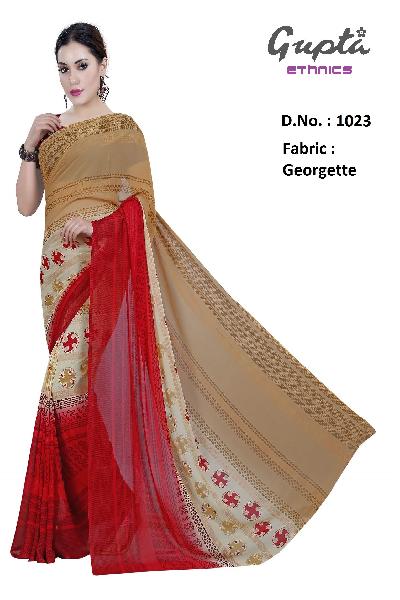 1023 Womens Red Georgette Printed Saree, Occasion : Casual