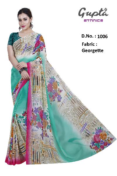 1006 Womens Turquoise Georgette Floral Print Saree