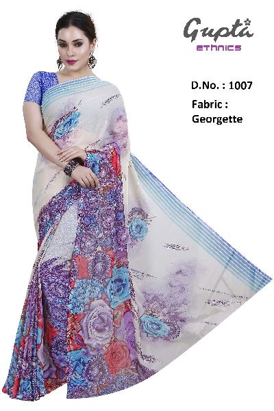1007 Womens White Georgette Floral Print Saree