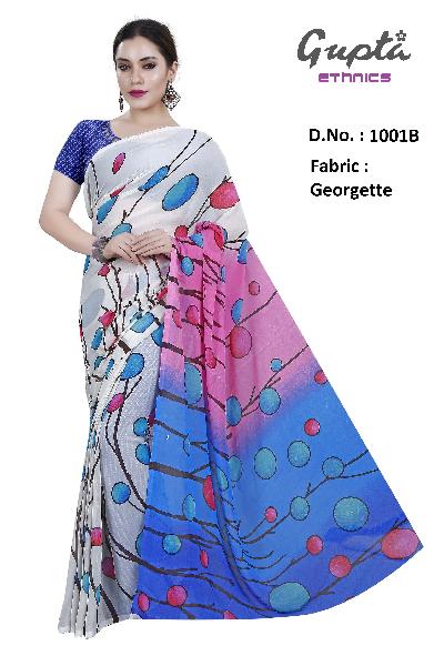 1001B Womens White Georgette Printed Saree, Occasion : Casual