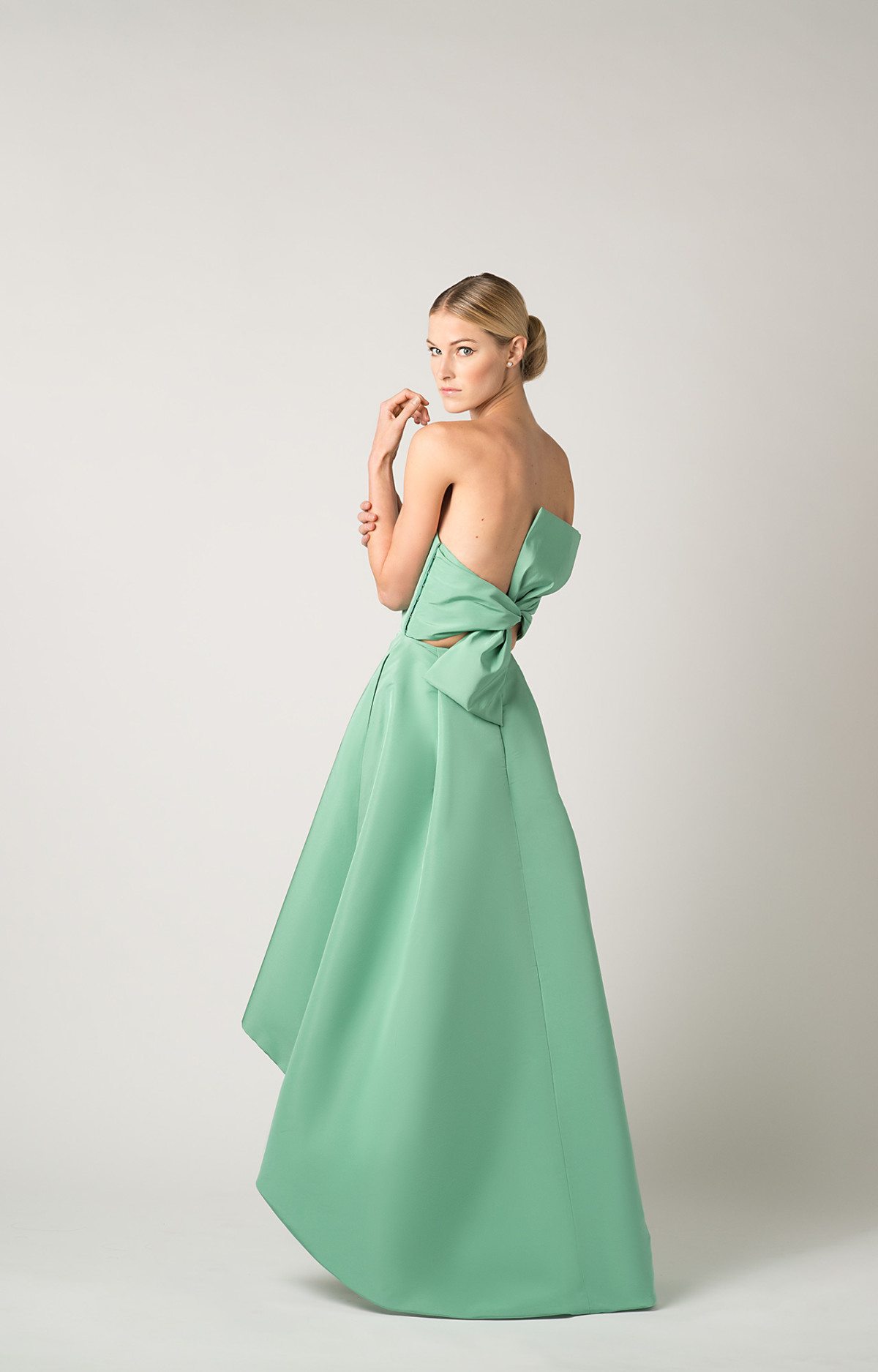 Silk Faille Twisted Bow Back High Low Gown