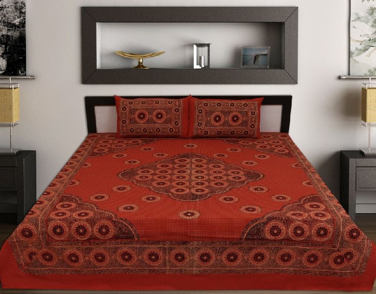 Kraft Sutra Barmeri block print cotton orange king size bed cover