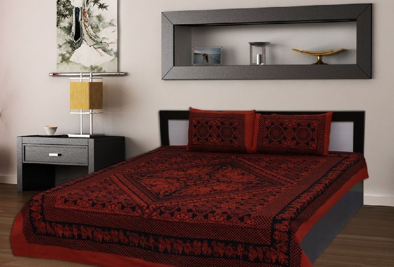 Kraft Sutra Barmeri block print cotton Red king size bed cover