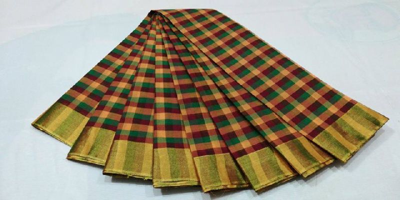 Black and Red checked silk cotton saree with red threadwork border