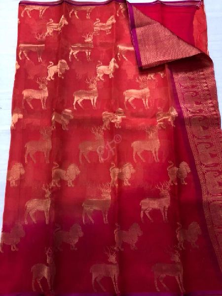 Pure 2D Shaded Organza Sarees With Allover Animal Design