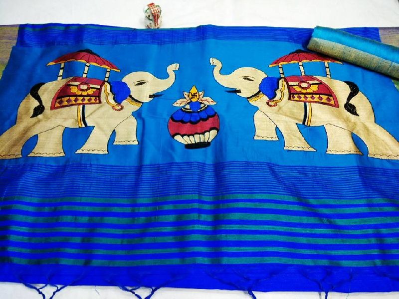 Blue and Red Pochampally Double Ikat Silk Handloom Saree with Elephant  Design i0769
