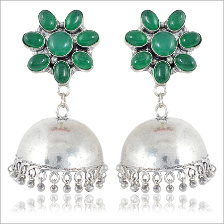 Green & Silver Brass Jhumki Earrings