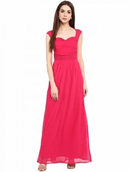 Solids Womens Georgette Maxi Dress, Color : Hot Pink