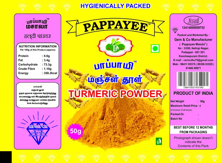 PAPPAYEE MASALA turmeric powder, Packaging Type : 50gms