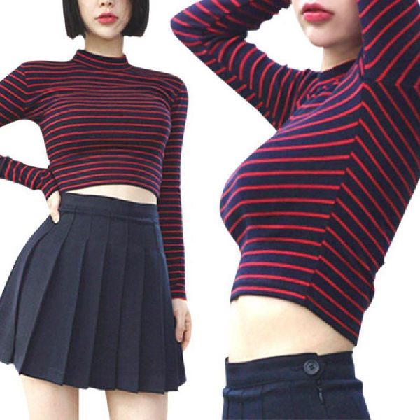 Fashion Women Trendy Striped Crop Tops Ladies Slim Shirt Long Sleeve Top Blouses