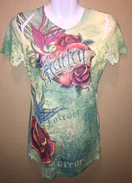 HARLEY DAVIDSON HD Harley Forever Sublimated Burn Out Tee Green T-shirts Ladies