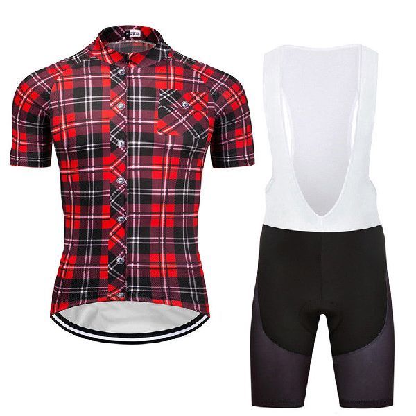 New Mens Cycling Plaid Shirts Jersey Bib Shorts Uniform Wear Bike Riding Outfits