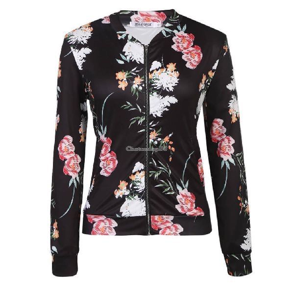 Women Floral Printed Bomber Jacket Ladies Casual Baseball Biker Coat