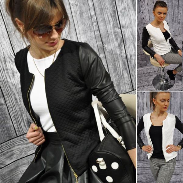 Women Ladies Slim Cropped Leather Sleeve Coat Blazer Jacket Business Casual Suit