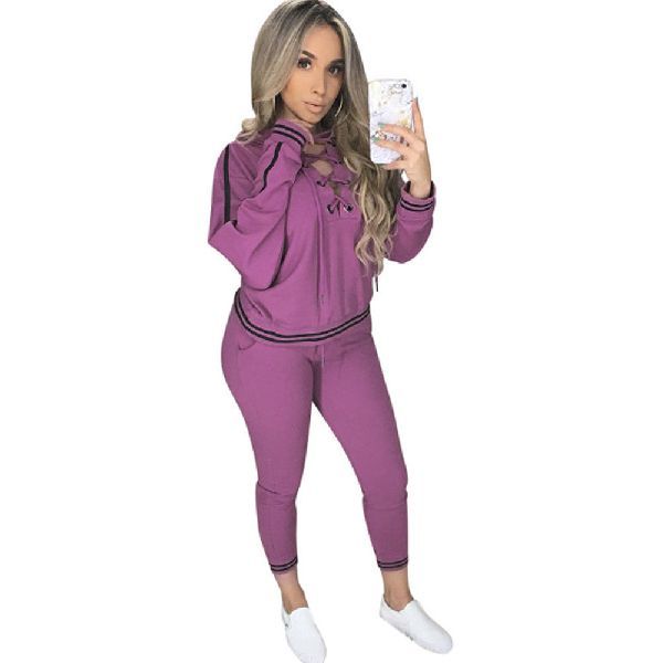 Womens 2 PCS Tracksuits Set Ladies Striped Cropped Hooded
