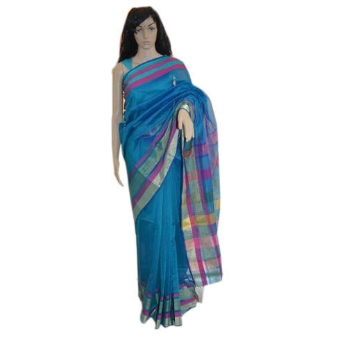 Handloom Unstitched Maheshwari Blue Fancy Saree, for Dry Cleaning, Saree Length : 6.3 Meter
