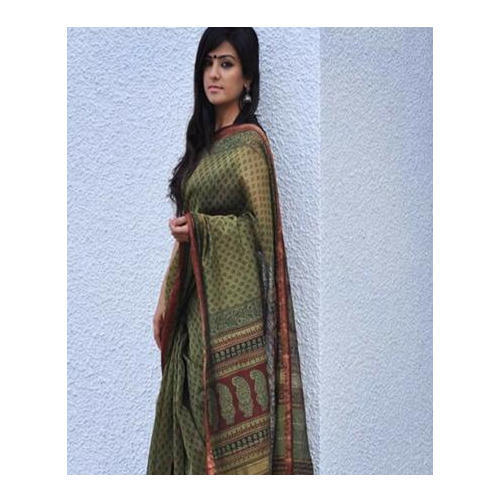 Maheshwari Green Handloom Bagh Print Saree, for Dry Cleaning, Saree Length : 6.3 Meter