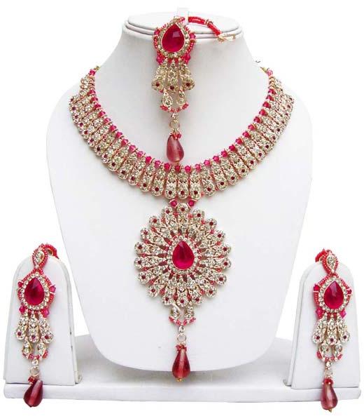 Penny Jewels Golden Alloy Austrian Diamond Necklace Set With Maang Tik