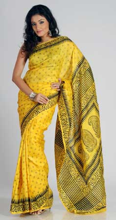 Printed Silk Yellow Saree