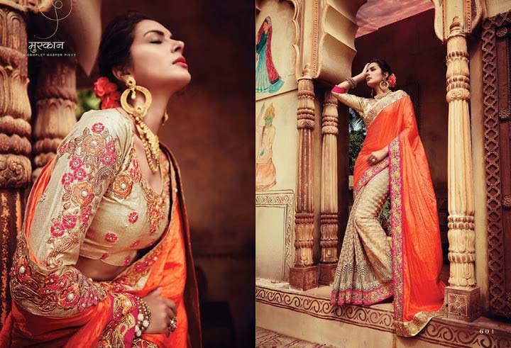 Artistic Orange Crushed Silk On Net Saree